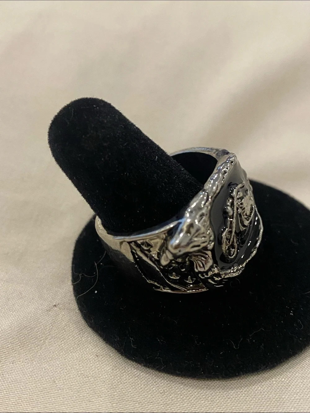Silver-Tone Men's Motorcycle Emblem Ring in Black Enamel